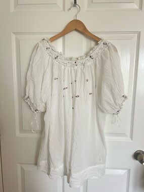 Free People Atlas white embroidered floral pink roses tunic blouse